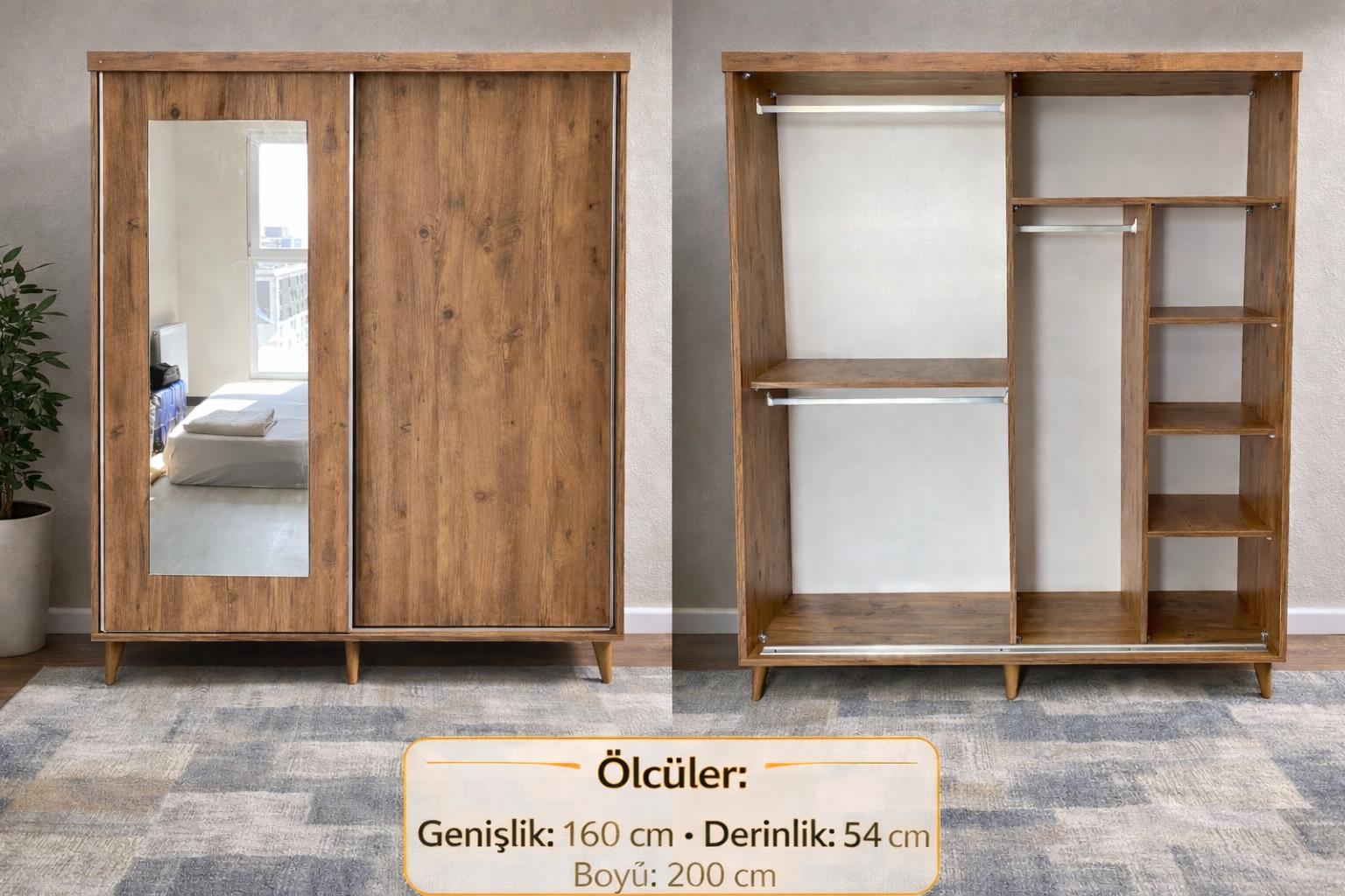 160 Lık Aynalı Sürgülü Elbise Dolabı